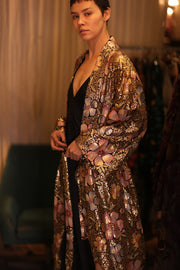 EMBROIDERED SILK KIMONO FLOWERS GOLDEN