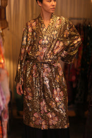 EMBROIDERED SILK KIMONO FLOWERS GOLDEN