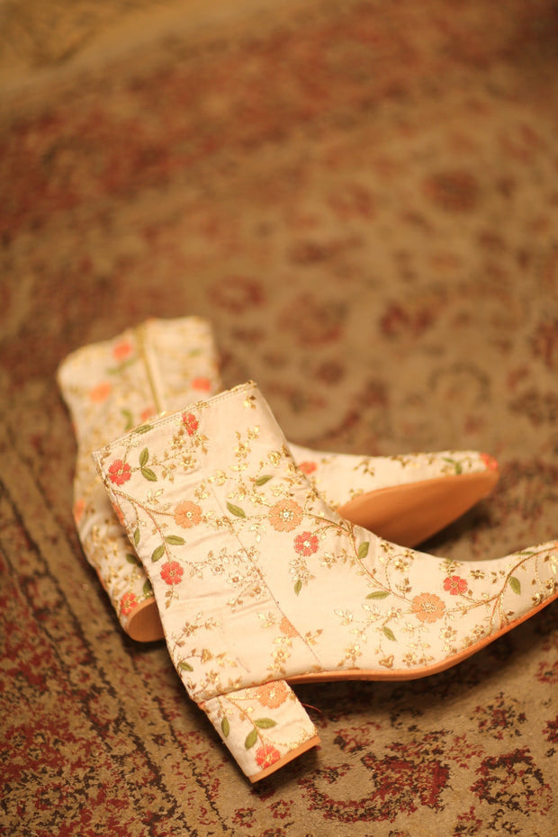 BEIGE SILK EMBROIDERED BOOTS - sustainably made MOMO NEW YORK sustainable clothing, boots slow fashion