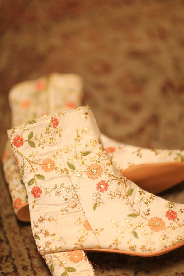 BEIGE SILK EMBROIDERED BOOTS - sustainably made MOMO NEW YORK sustainable clothing, boots slow fashion