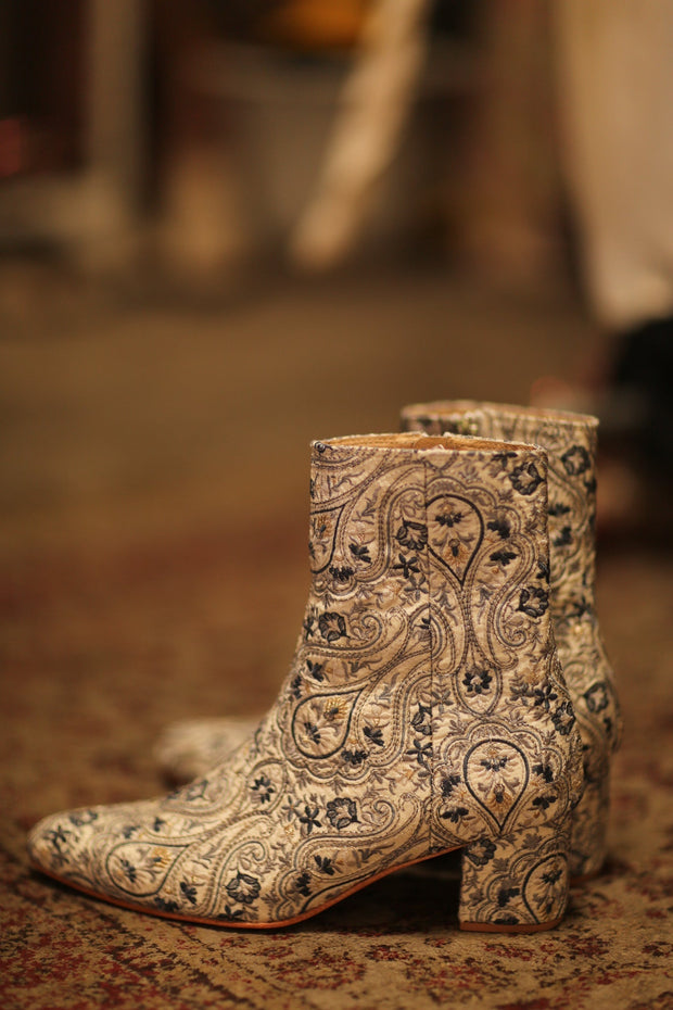 BLUE WHITE SILK EMBROIDERED BOOTS SCOOBERT - sustainably made MOMO NEW YORK sustainable clothing, boots slow fashion