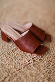 BROWN CROC EMBOSSED HEELED MULES PATTI - sustainably made MOMO NEW YORK sustainable clothing, slow fashion