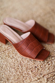 BROWN CROC EMBOSSED HEELED MULES PATTI - sustainably made MOMO NEW YORK sustainable clothing, slow fashion