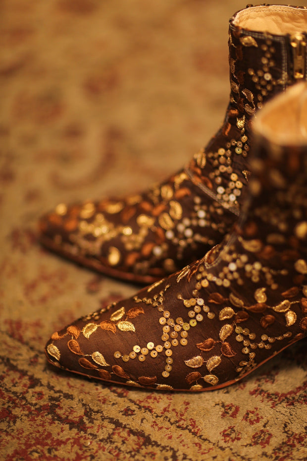 BROWN SEQUIN EMBROIDERED BOOTS - sustainably made MOMO NEW YORK sustainable clothing, boots slow fashion