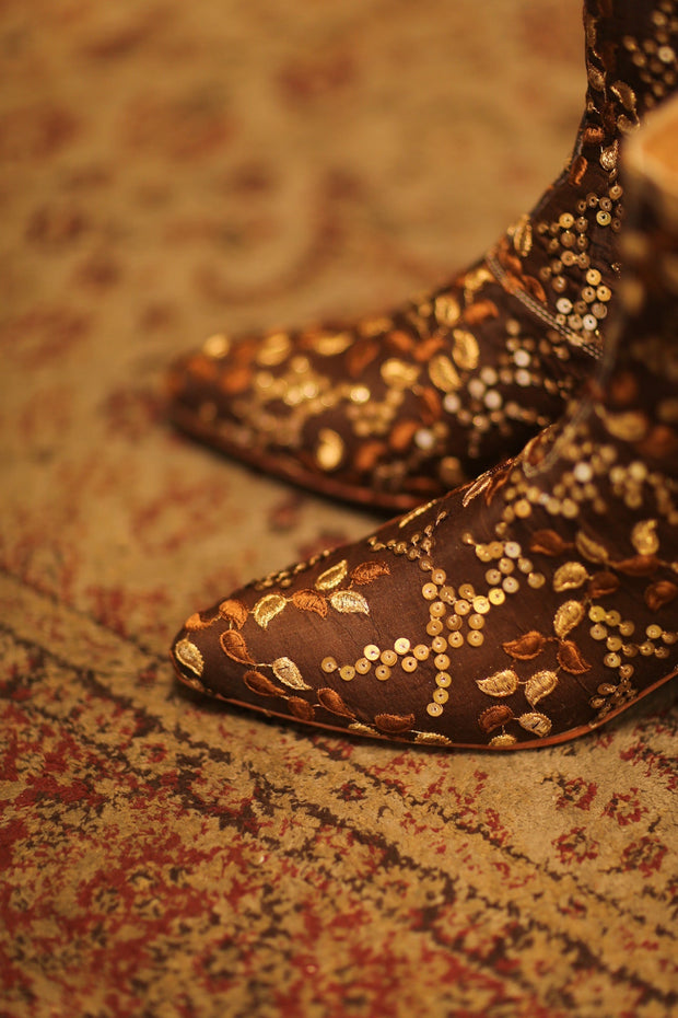 BROWN SEQUIN EMBROIDERED BOOTS - sustainably made MOMO NEW YORK sustainable clothing, boots slow fashion