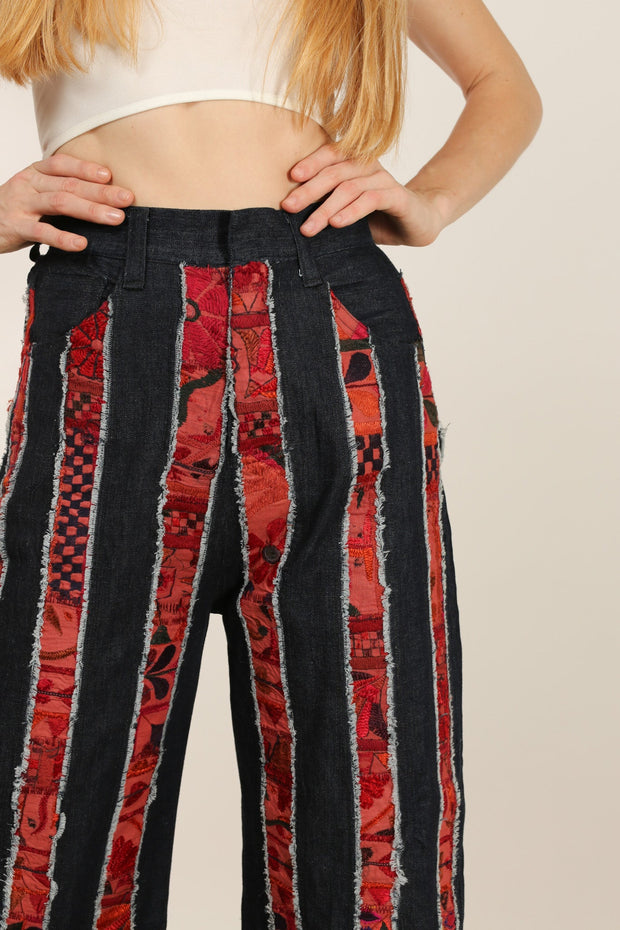 DENIM EMBROIDERED PATCHWORK STRIPE PANTS EMELIA - sustainably made MOMO NEW YORK sustainable clothing, slow fashion