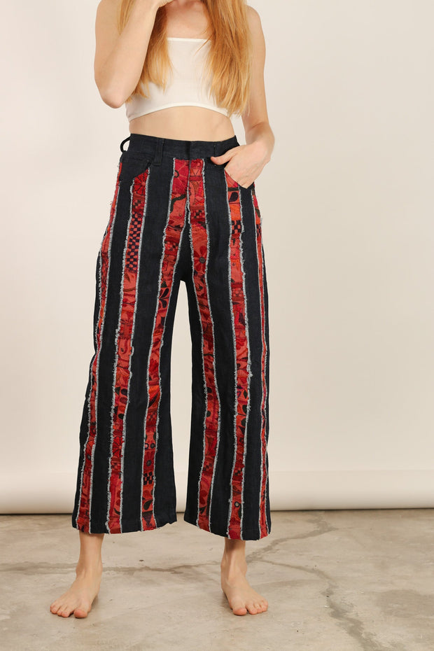 DENIM EMBROIDERED PATCHWORK STRIPE PANTS EMELIA - sustainably made MOMO NEW YORK sustainable clothing, slow fashion