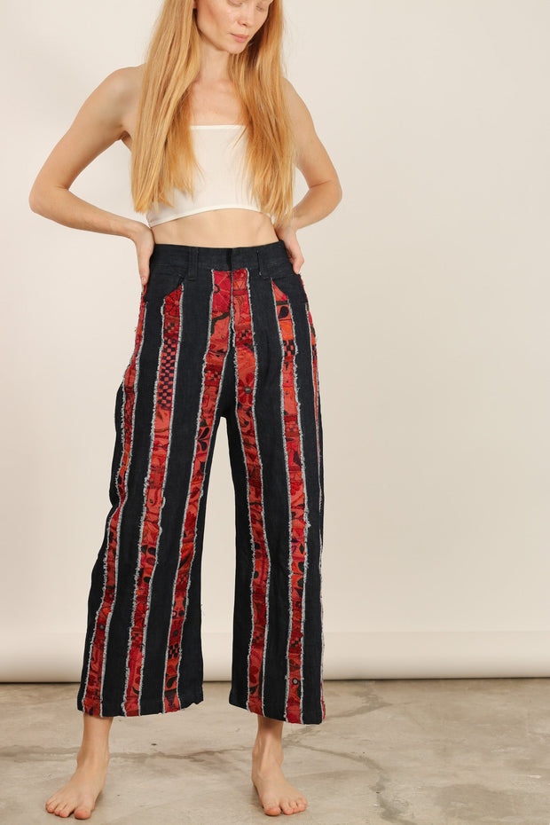 DENIM EMBROIDERED PATCHWORK STRIPE PANTS EMELIA - sustainably made MOMO NEW YORK sustainable clothing, slow fashion