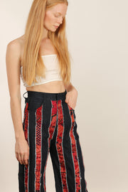 DENIM EMBROIDERED PATCHWORK STRIPE PANTS EMELIA - sustainably made MOMO NEW YORK sustainable clothing, slow fashion