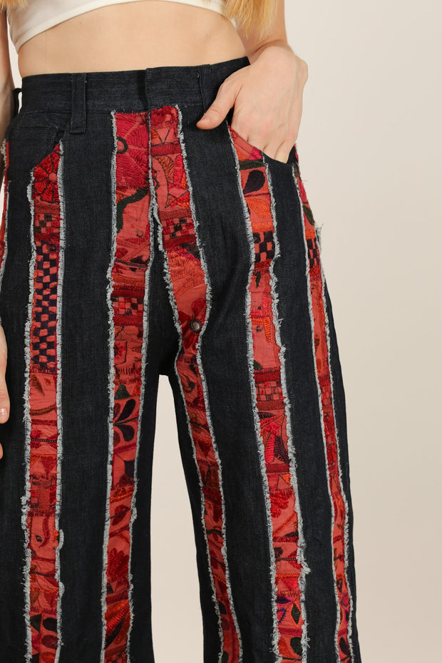 DENIM EMBROIDERED PATCHWORK STRIPE PANTS EMELIA - sustainably made MOMO NEW YORK sustainable clothing, slow fashion