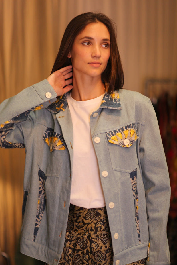 DENIM JACKET PATCHWORK RURA - sustainably made MOMO NEW YORK sustainable clothing, coatandjacket slow fashion