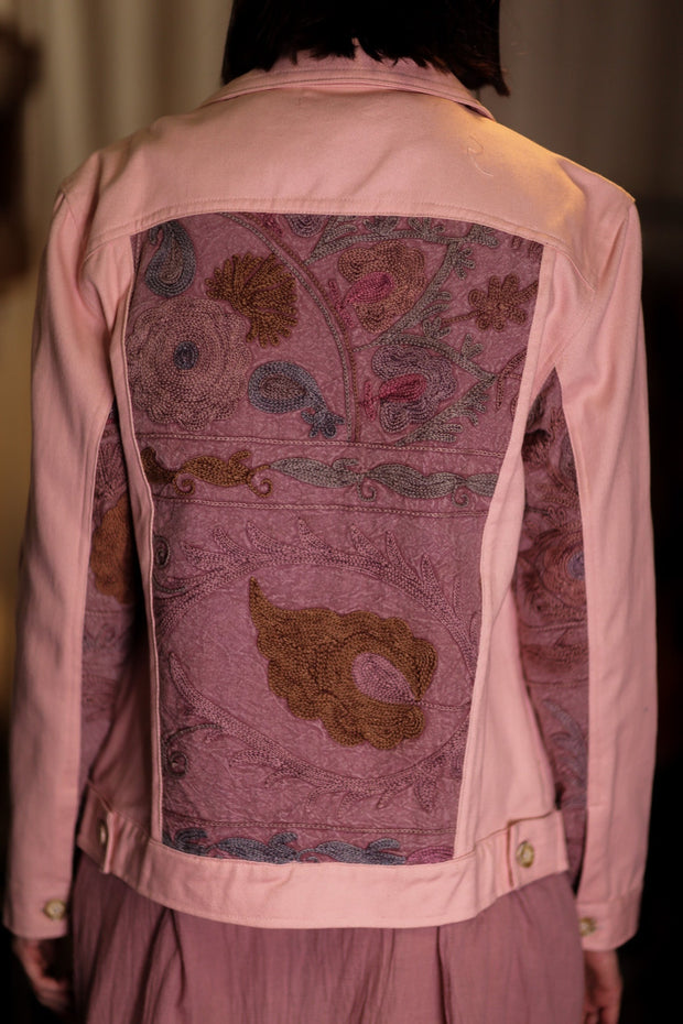 DENIM JACKET WITH SUZANI EMBROIDERY CANDY FLOSS - sustainably made MOMO NEW YORK sustainable clothing, coatandjacket slow fashion