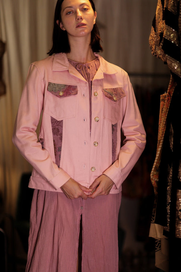 DENIM JACKET WITH SUZANI EMBROIDERY CANDY FLOSS - sustainably made MOMO NEW YORK sustainable clothing, coatandjacket slow fashion