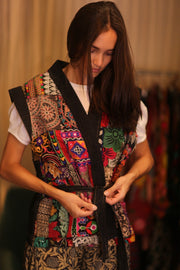 DENIM VEST PATCHWORK HELAE - sustainably made MOMO NEW YORK sustainable clothing, kimono slow fashion
