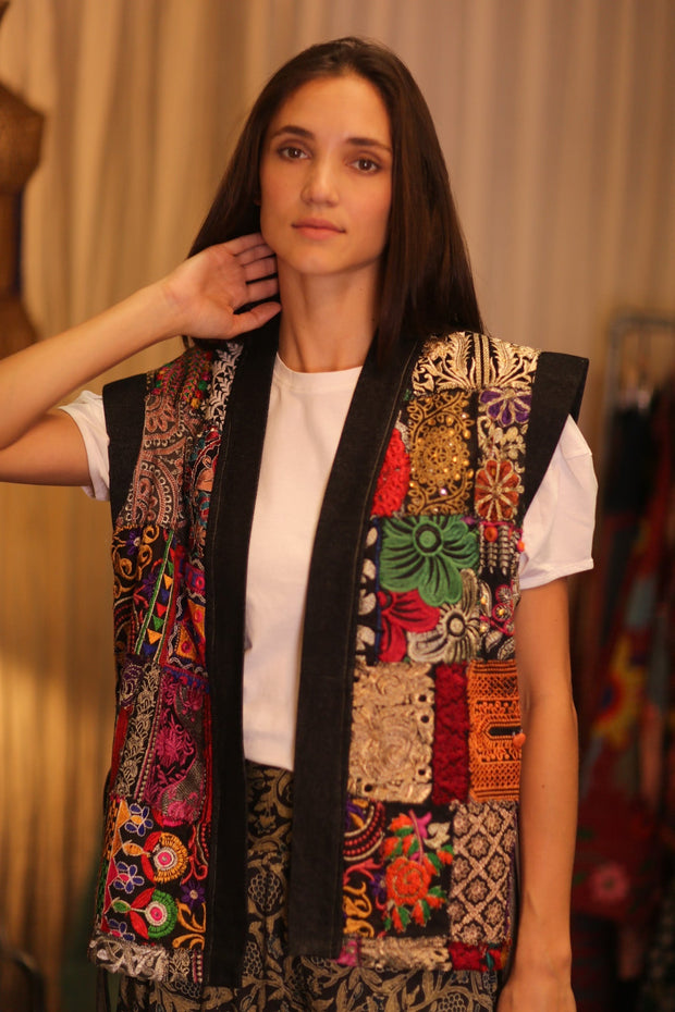 DENIM VEST PATCHWORK HELAE - sustainably made MOMO NEW YORK sustainable clothing, kimono slow fashion