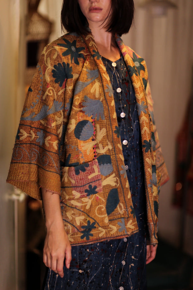 EMBROIDERED KANTHA KIMONO MONTY BEACH TONES - sustainably made MOMO NEW YORK sustainable clothing, embellished slow fashion