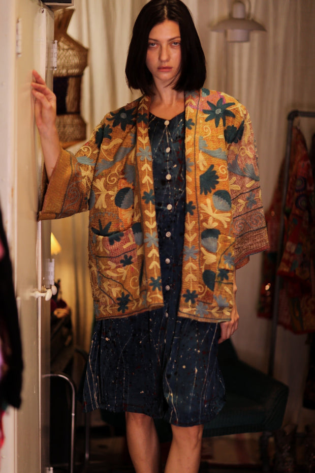 EMBROIDERED KANTHA KIMONO MONTY BEACH TONES - sustainably made MOMO NEW YORK sustainable clothing, embellished slow fashion