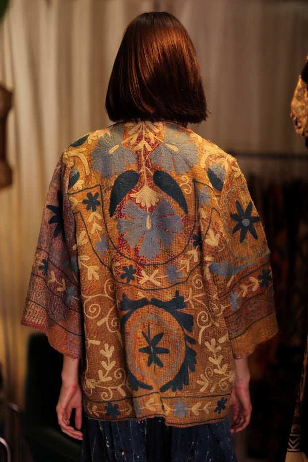 EMBROIDERED KANTHA KIMONO MONTY BEACH TONES - sustainably made MOMO NEW YORK sustainable clothing, embellished slow fashion