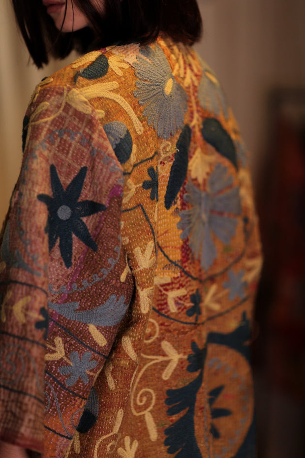 EMBROIDERED KANTHA KIMONO MONTY BEACH TONES - sustainably made MOMO NEW YORK sustainable clothing, embellished slow fashion