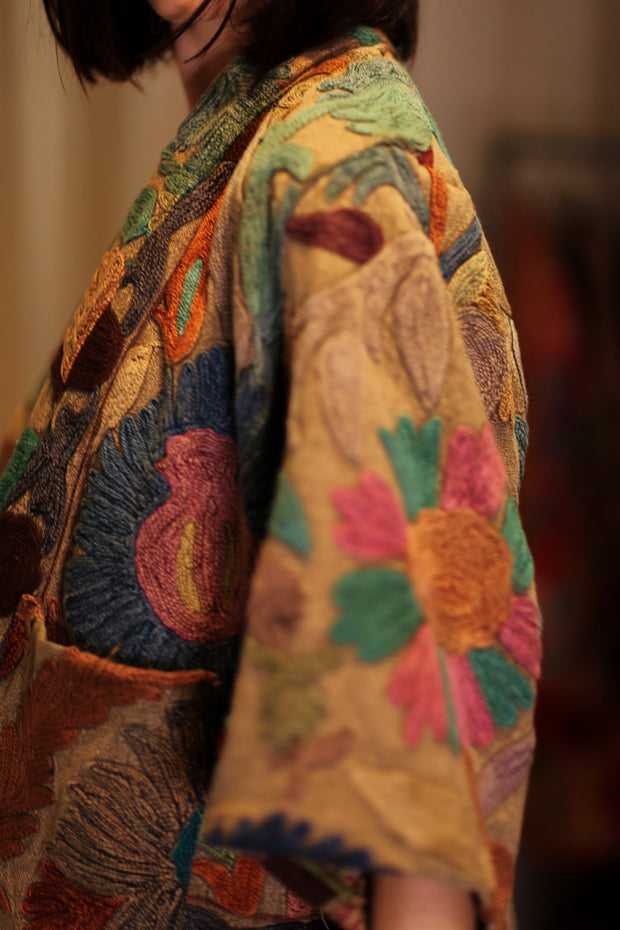 EMBROIDERED KANTHA KIMONO MONTY TROPIC FLOWER - sustainably made MOMO NEW YORK sustainable clothing, embellished slow fashion