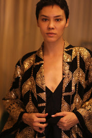 EMBROIDERED SILK KIMONO BLACKGOLD - sustainably made MOMO NEW YORK sustainable clothing, kimono slow fashion