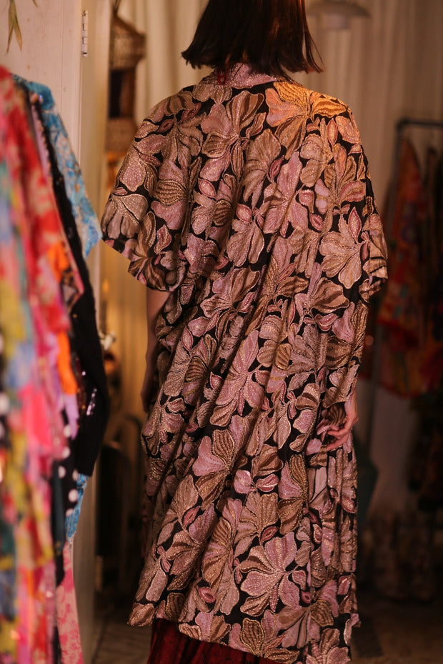 EMBROIDERED SILK NOVELTY KIMONO BEAMS - sustainably made MOMO NEW YORK sustainable clothing, Kimono slow fashion