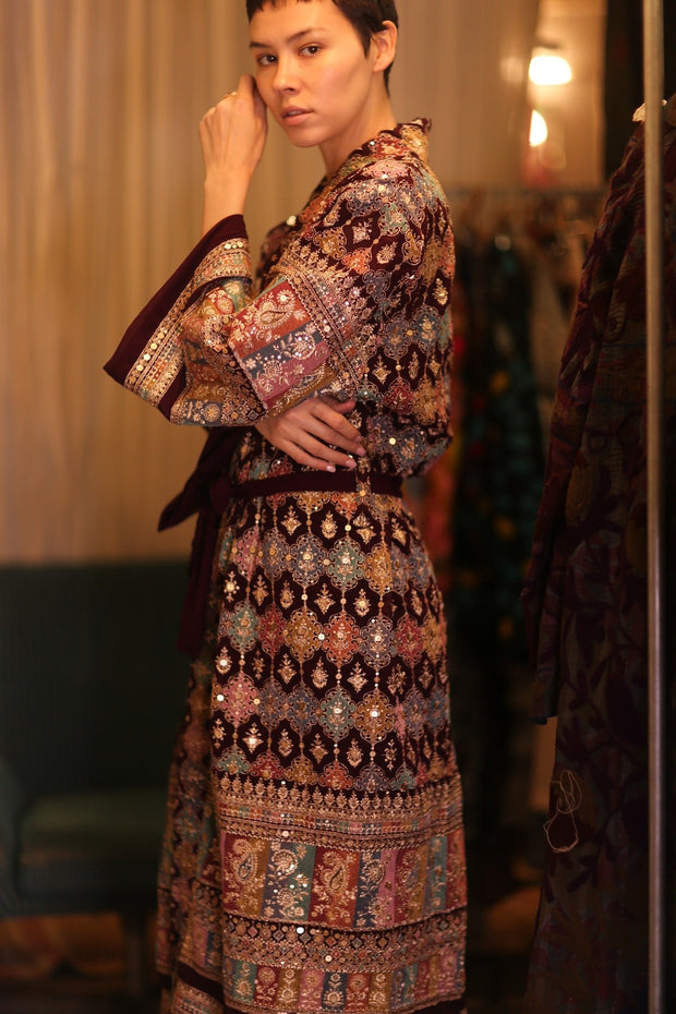 EMBROIDERED SILK RED KIMONO JORI - sustainably made MOMO NEW YORK sustainable clothing, kimono slow fashion