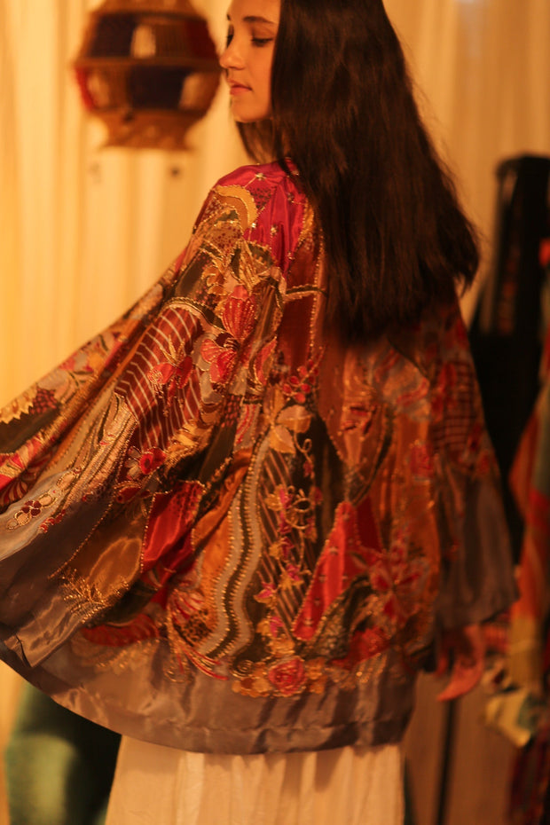 EMBROIDERED SILK SHORT KIMONO CARINE - sustainably made MOMO NEW YORK sustainable clothing, kimono slow fashion