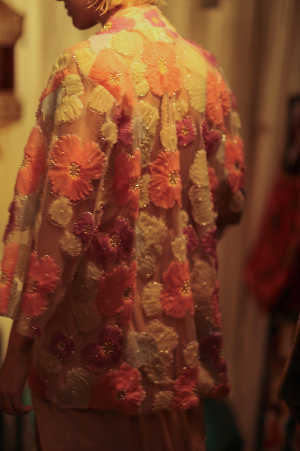 FLO SEQUINED EMBROIDERED SHORT KIMONO PINK - sustainably made MOMO NEW YORK sustainable clothing, embellished slow fashion