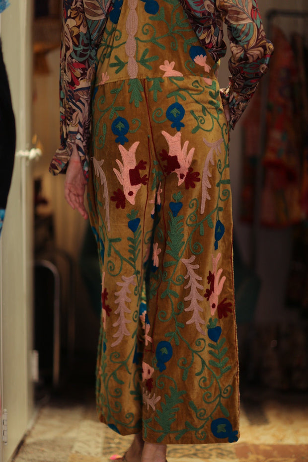 FREYA EMBROIDERED OVERALL MUSTARD - sustainably made MOMO NEW YORK sustainable clothing, jumpsuit slow fashion