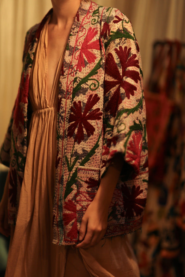 GINEVRA KANTHA EMBROIDERED KIMONO BURGUNDY - sustainably made MOMO NEW YORK sustainable clothing, embellished slow fashion