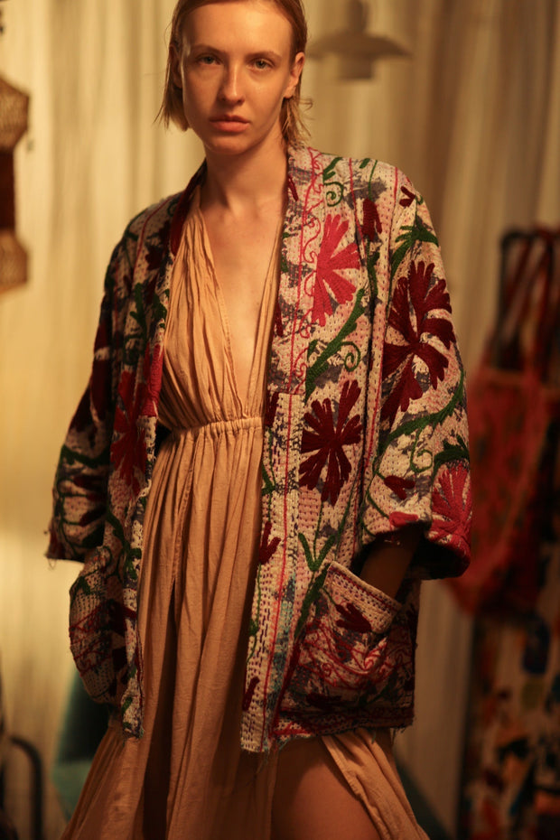GINEVRA KANTHA EMBROIDERED KIMONO BURGUNDY - sustainably made MOMO NEW YORK sustainable clothing, embellished slow fashion