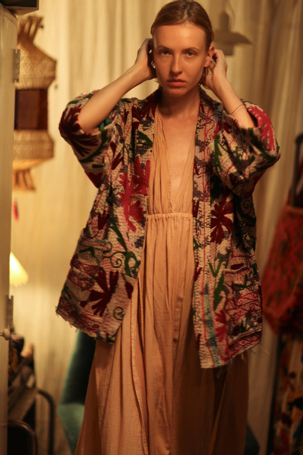 GINEVRA KANTHA EMBROIDERED KIMONO BURGUNDY - sustainably made MOMO NEW YORK sustainable clothing, embellished slow fashion
