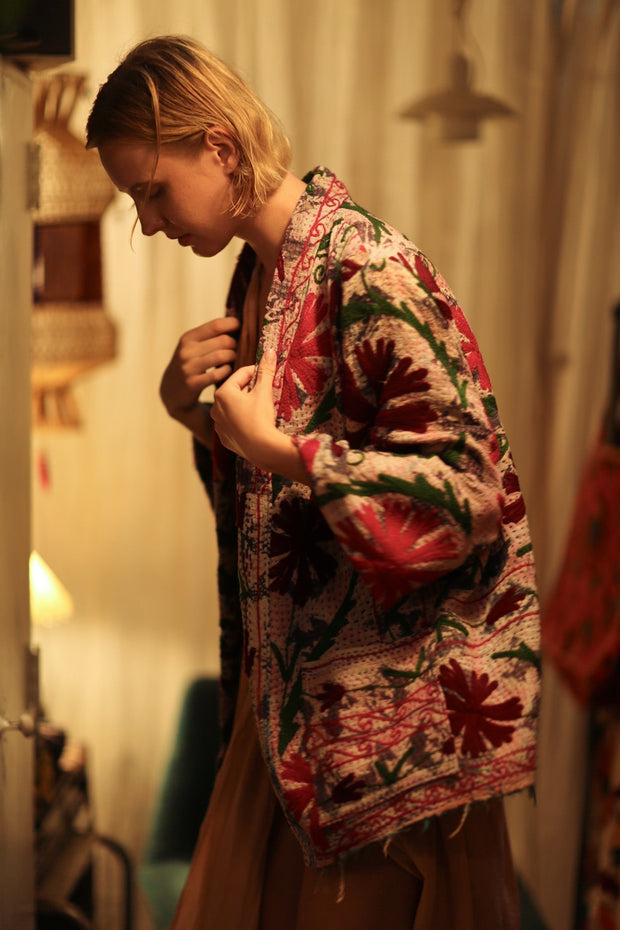 GINEVRA KANTHA EMBROIDERED KIMONO BURGUNDY - sustainably made MOMO NEW YORK sustainable clothing, embellished slow fashion