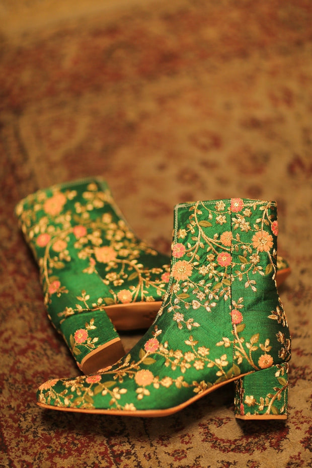 GREEN FLOWER EMBROIDERED SILK BOOTS NIKIO - sustainably made MOMO NEW YORK sustainable clothing, boots slow fashion