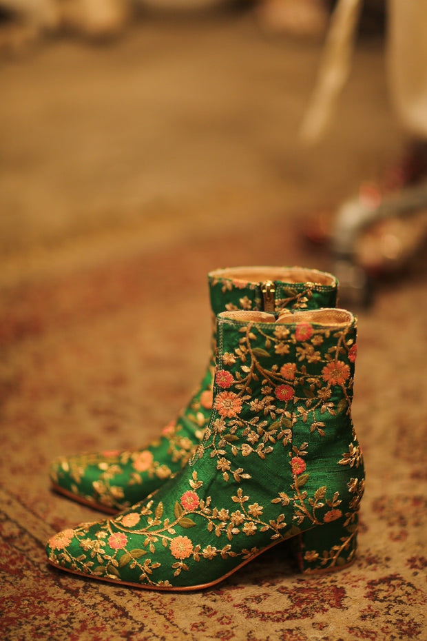 GREEN FLOWER EMBROIDERED SILK BOOTS NIKIO - sustainably made MOMO NEW YORK sustainable clothing, boots slow fashion