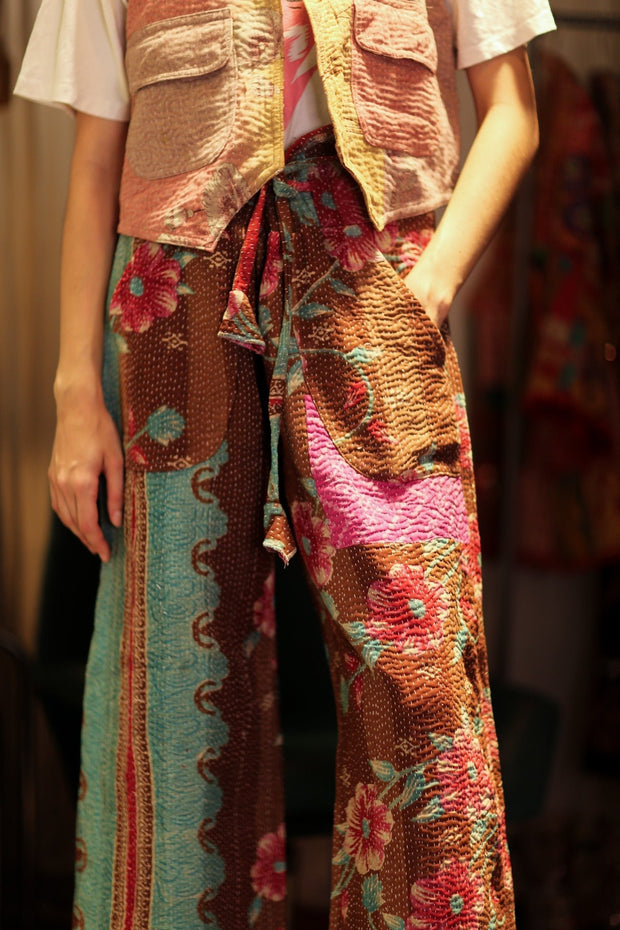LENA KANTHA TROUSERS MINT CHOCOLATE - sustainably made MOMO NEW YORK sustainable clothing, embroidered slow fashion
