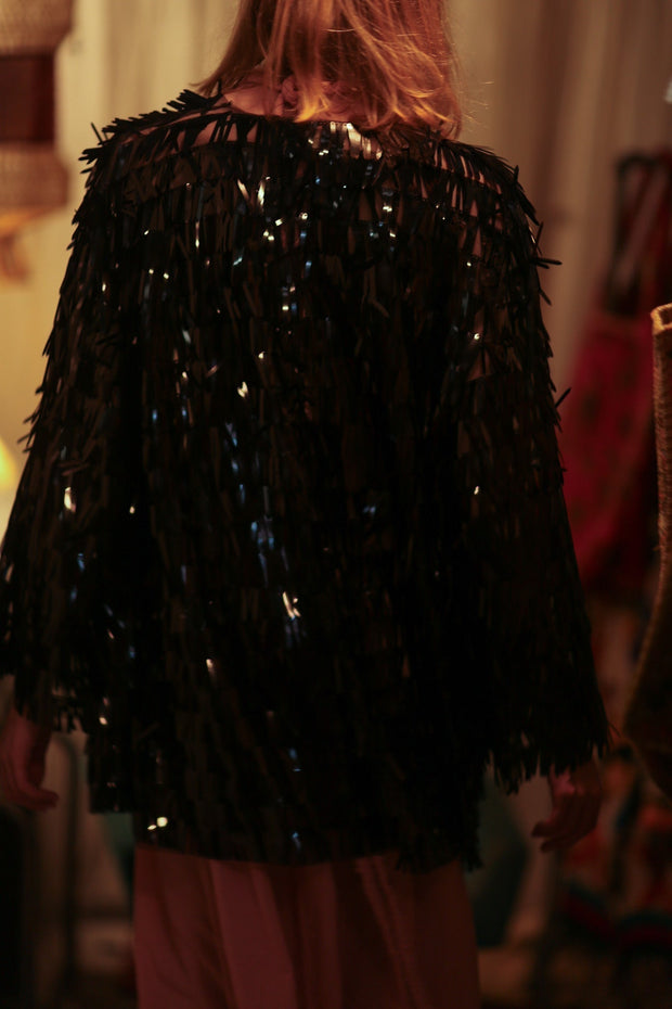 MARION SEQUINED SHORT KIMONO BLACK - sustainably made MOMO NEW YORK sustainable clothing, embellished slow fashion