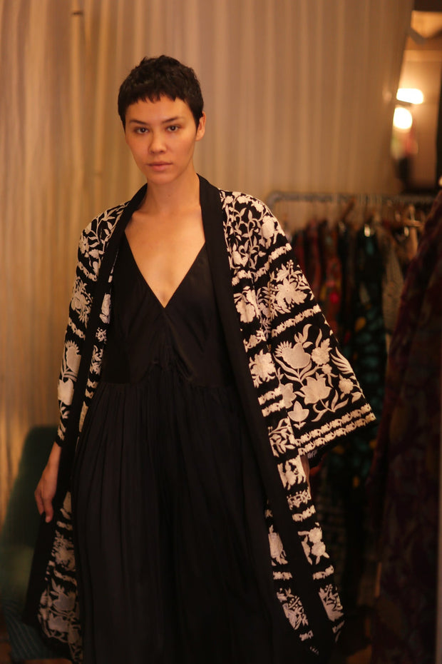 OLA EMBROIDERED SILK LONG KIMONO - sustainably made MOMO NEW YORK sustainable clothing, Embroidered Kimono slow fashion