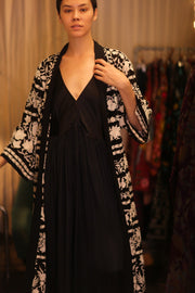 OLA EMBROIDERED SILK LONG KIMONO - sustainably made MOMO NEW YORK sustainable clothing, Embroidered Kimono slow fashion