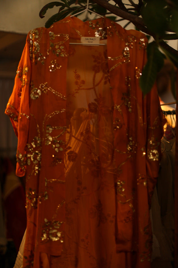 ORANGE SILK SEQUIN EMBROIDERED KIMONO ODO - sustainably made MOMO NEW YORK sustainable clothing, slow fashion