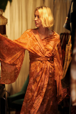 PINA SILK KIMONO ORANGE FLOWER - sustainably made MOMO NEW YORK sustainable clothing, handmade slow fashion