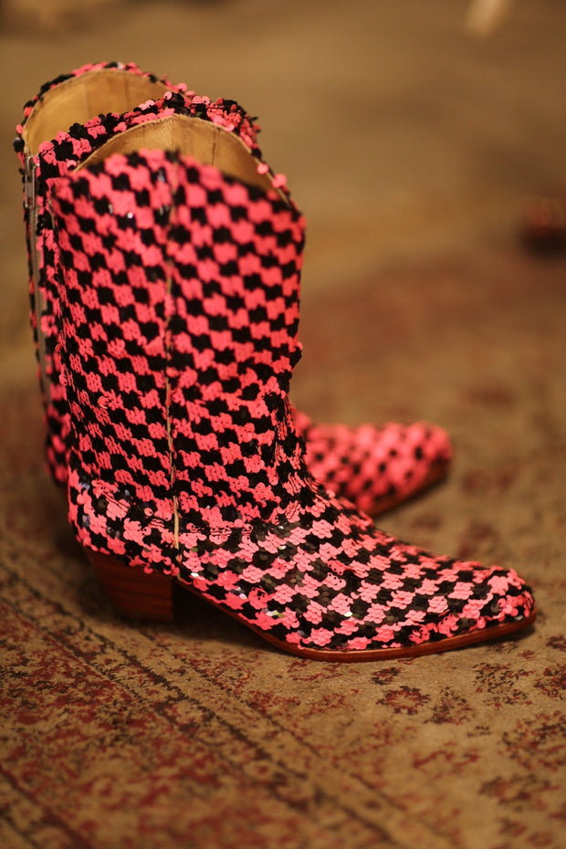 PINK BLACK CHECKERED WESTERN BOOT CRUSU - sustainably made MOMO NEW YORK sustainable clothing, boots slow fashion