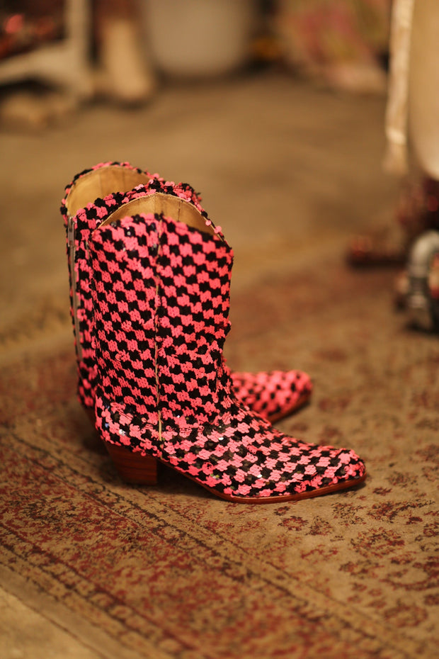 PINK BLACK CHECKERED WESTERN BOOT CRUSU - sustainably made MOMO NEW YORK sustainable clothing, boots slow fashion