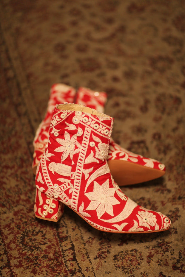 RED EMBROIDERED BOOTS ELLA - sustainably made MOMO NEW YORK sustainable clothing, boots slow fashion