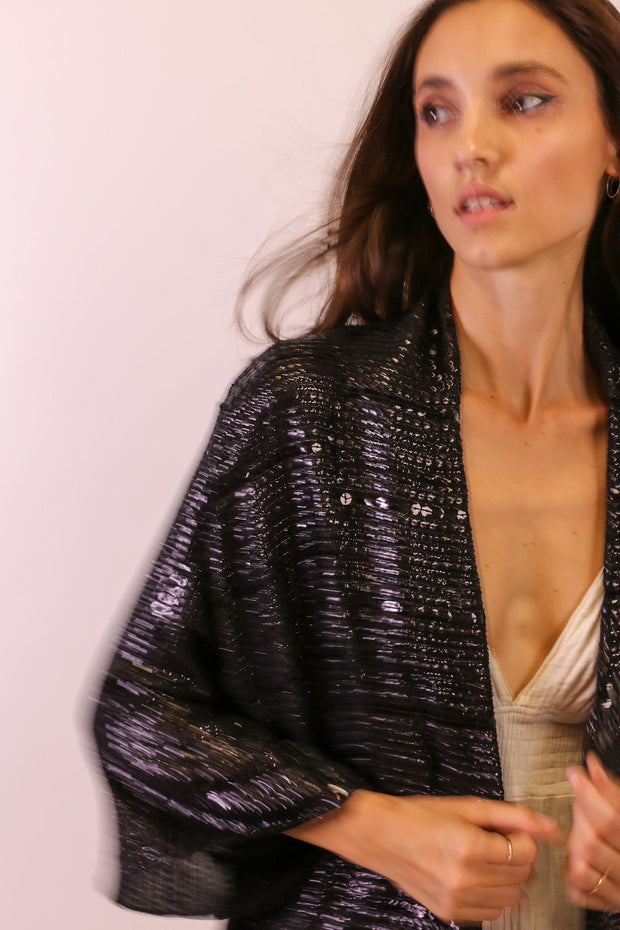 SEQUIN EMBROIDERED SHORT KIMONO MIDI - sustainably made MOMO NEW YORK sustainable clothing, new slow fashion