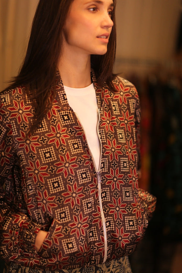 SILK BOMBER JACKET ANCHA RUBY - sustainably made MOMO NEW YORK sustainable clothing, slow fashion