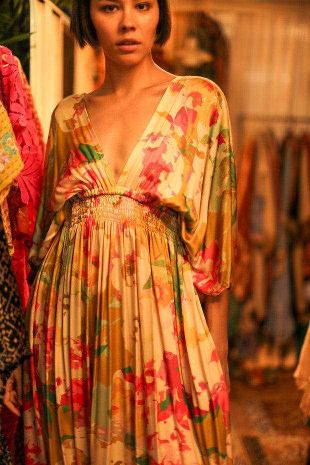 SILK DRESS PINA FLORAL - sustainably made MOMO NEW YORK sustainable clothing, dress slow fashion