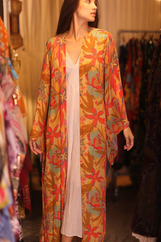 SILK KIMONO PINA ORANGE LEAF - sustainably made MOMO NEW YORK sustainable clothing, handmade slow fashion