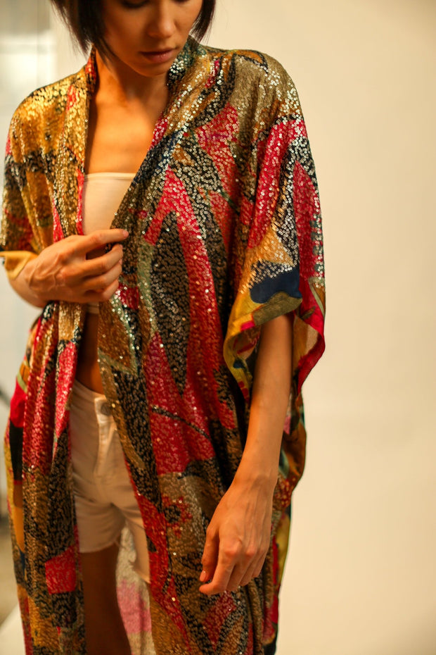 SILK SEQUIN EMBROIDERED KIMONO AVAPOEL - sustainably made MOMO NEW YORK sustainable clothing, slow fashion